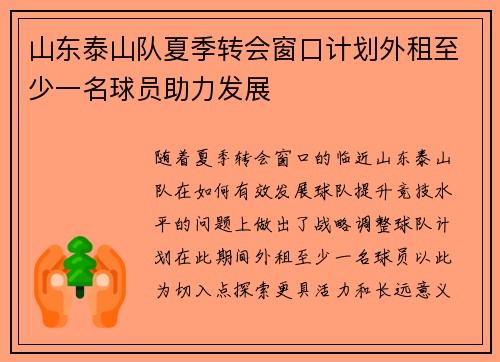 山东泰山队夏季转会窗口计划外租至少一名球员助力发展