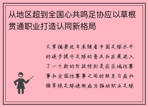 从地区超到全国心共鸣足协应以草根贯通职业打造认同新格局 从地区超到全国心共鸣足协应以草根贯通职业打造认同新格局